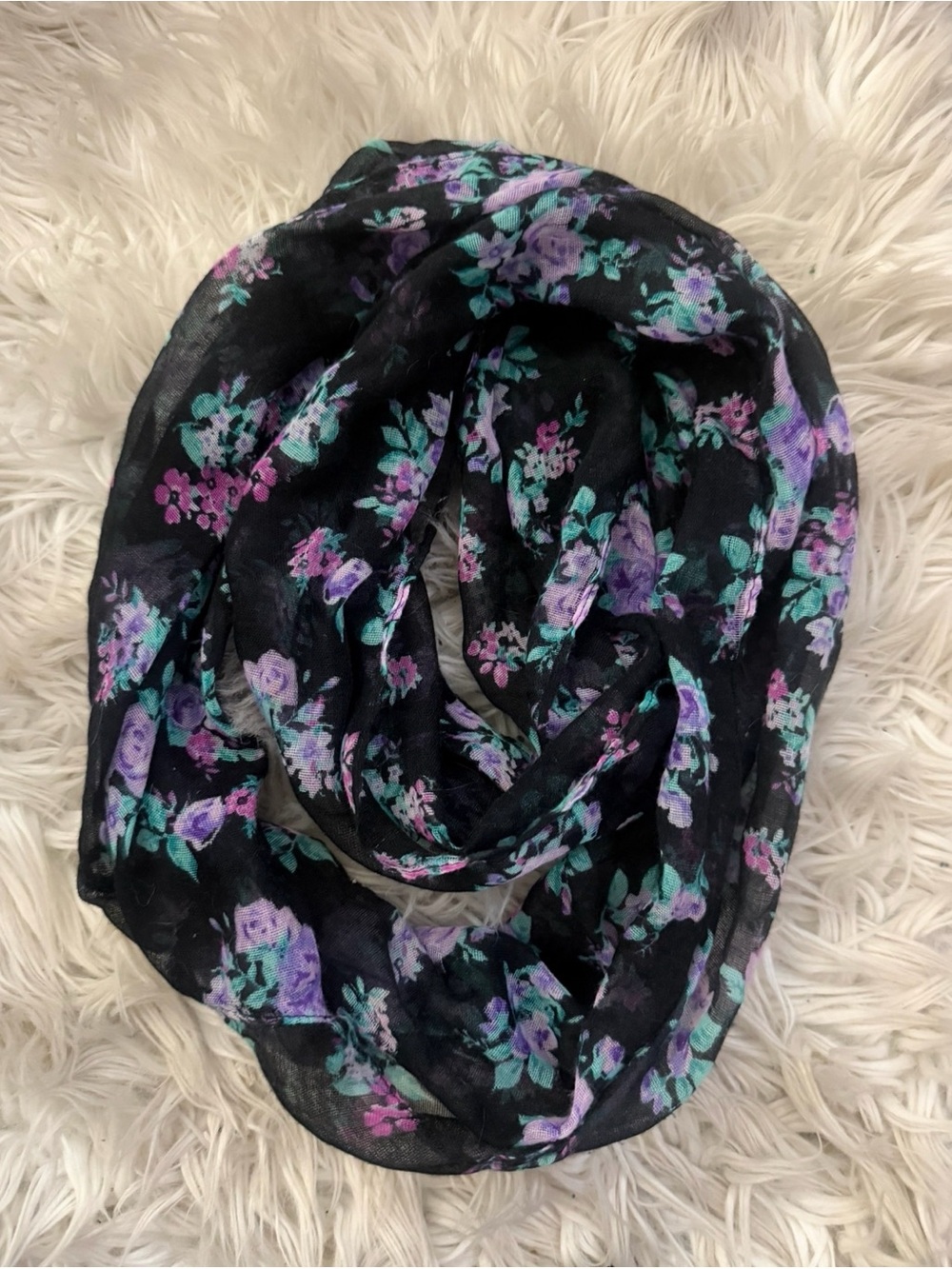 Black Floral Lightweight Women’s Scarf - Purple & Teal